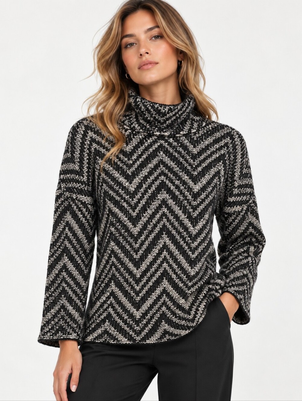 Eileen Fisher Black White Chevron Baby Alpaca Cotton Turtleneck Sweater S